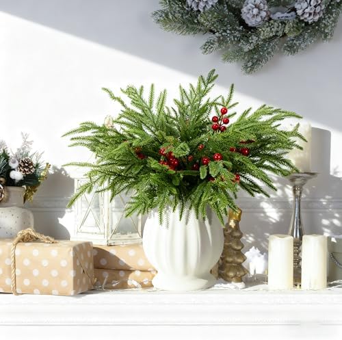 60 Pcs Christmas Norfolk Pine Branches Red Berry Stems Faux Christmas Sprig
