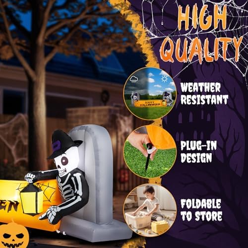 Outvita Halloween Inflatable Skeleton Tombstone Banner 9.6FT, Blow Up Outdoor Decoration with LEDs, Halloween Decor for Yard, Party, Garden, Party, Garden