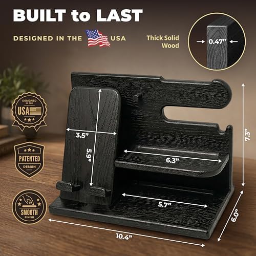 TESLYAR Wood Phone Docking Station for Men - Desk or Nightstand Organizer - Birthday Gifts for Husband, Dad - Anniversary Idea from Wife - Key Holder, Stand Wallet, Watch & Essentials (Granite Black)
