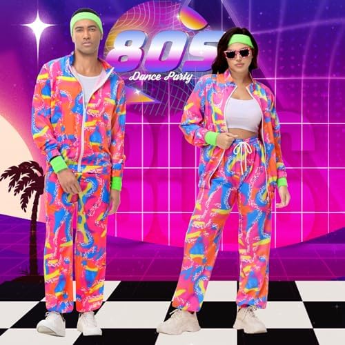 Men's 80s Outfit, Neon Retro Tracksuit for Halloween Party Costume