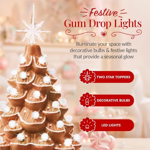 Best Choice Products 15in Ceramic Christmas Tree, Pre-lit Hand-Painted Tabletop Holiday Tree, 2 Star Toppers, 64 Lights - Gingerbread w/White Bulbs