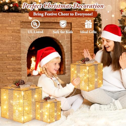 Brightever 12" 10" 8" Set of 3 Lighted Boxes - Larger Pre-lit Present Boxes with 70 LED Warm White String Lights and Bows, Foldable Christmas Ornaments for Indoor Outside Xmas Tree
