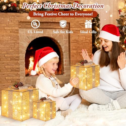 Brightever 10" 8" 6" Set of 3 Christmas Lighted Gift Boxes - Pre-lit 70 LED Plug-in Larger Present Boxes Outdoor Christmas Decorations, Warm White Prelit Xmas Ornaments for Tree Porch Yard Lawn Decor
