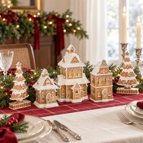 Gingerbread House Christmas Decorations - 5PCS Village Set with Trees