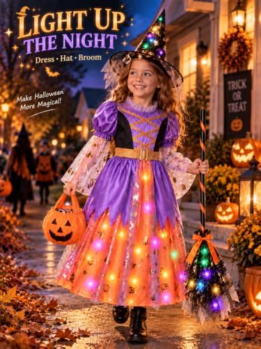 Witch Costume for Girls, Light up Halloween Witch Dress Ages 3-10
