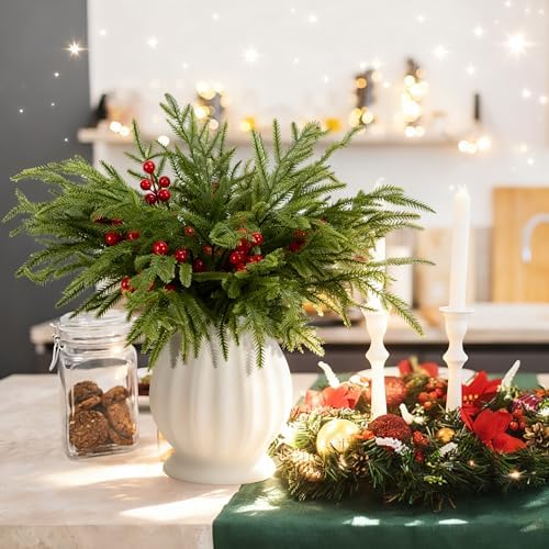 60 Pcs Christmas Norfolk Pine Branches Red Berry Stems Faux Christmas Sprig