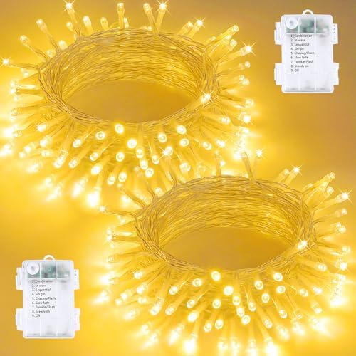 2 Pack 100 LED Battery Operated String Lights, 8 Modes Twinkle Fairy Lights