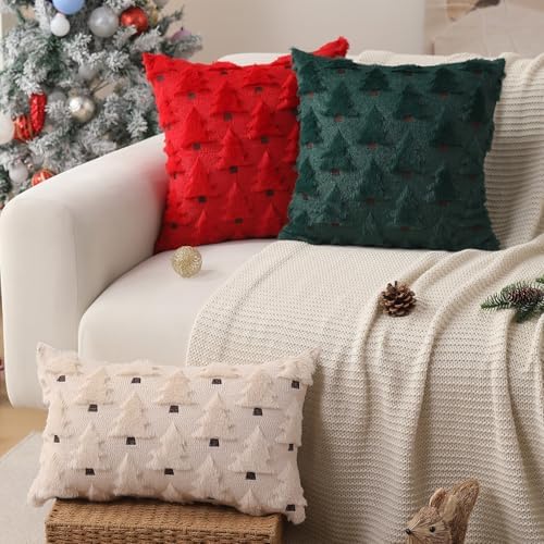 Allorry Christmas Pillow Covers 12x20 inch Set of 2 Christmas Decorations Soft Plush Faux Fur Wool Beige Christmas Tree Throw Pillow Cases Winter Holiday Decor for Sofa Living Room PT-002C12