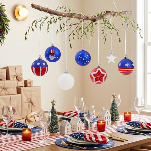 100Pcs 4th of July Tree Decorations Patriotic Ornaments, 2.36'' Memorial Day Red White Blue Ornaments and Star, Shatterproof American Hanging Ball Decor for Independence Day USA 250th Holiday