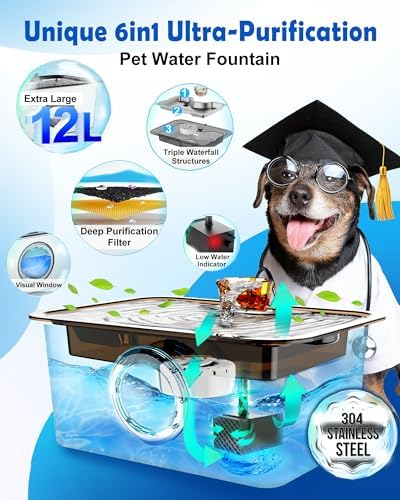 Large Elevated Dog Water Fountain SS304,12L Ultra-Purification Pet Drinking Dispenser with Visual Window and Raised Table,Deep Purification Filter,Upgrade Pump,Triple Waterfall Structure