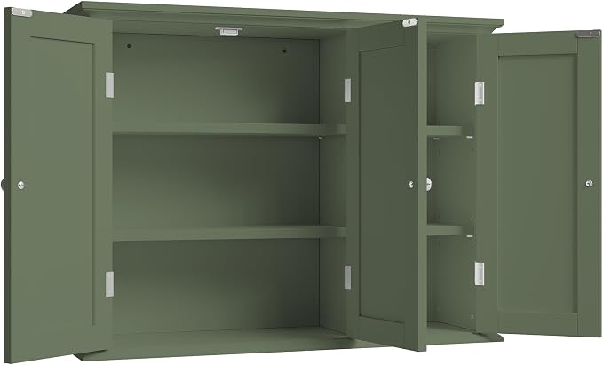 ChooChoo Bathroom Wall Cabinet with 3 Doors, Laundry Cabinet Wall Mounted, Medicine Cabinet with Adjustable Shelves, Hanging Kitchen Cupboard Organizer, Green