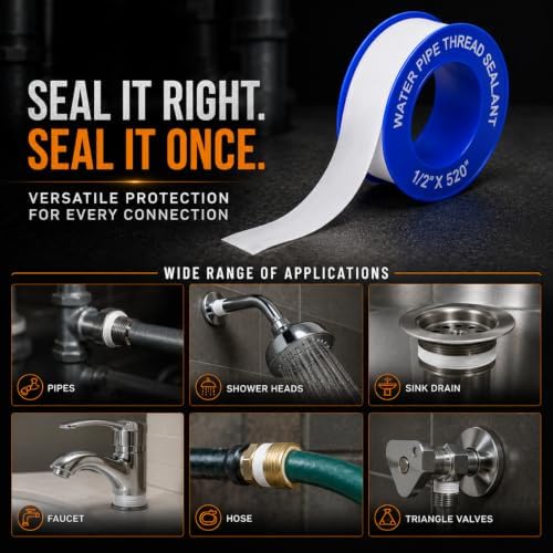 WOD Plumbers Pipe Thread Seal Tape - 1/2 inch x 520 inch (Case of 100 Rolls) - Leak Proof Sealant for Water, Gas, Oil, Most Chemicals, Hydraulic and High Pressure Lines