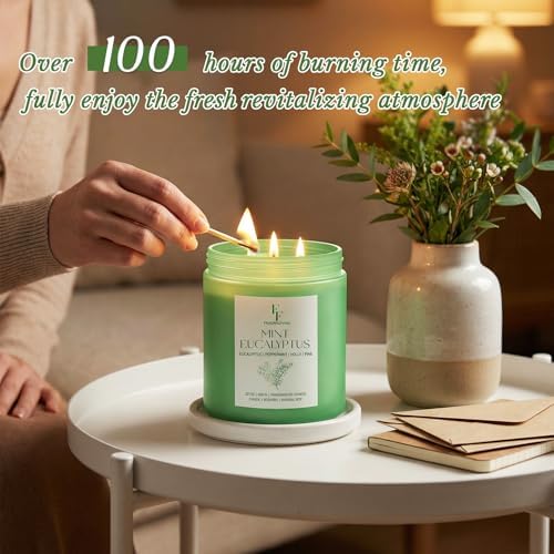 Mint Eucalyptus Large Scented Candle, 3-Wick 22oz Long Lasting Scented Candle, Natural Soy Wax Aromatherapy Candle for Home, Candle Gifts for Women Men