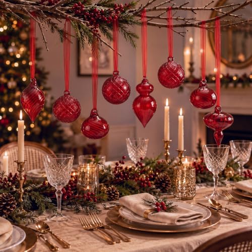 Hungdao 14pcs Vintage Christmas Ornaments Retro Glass Balls, Red