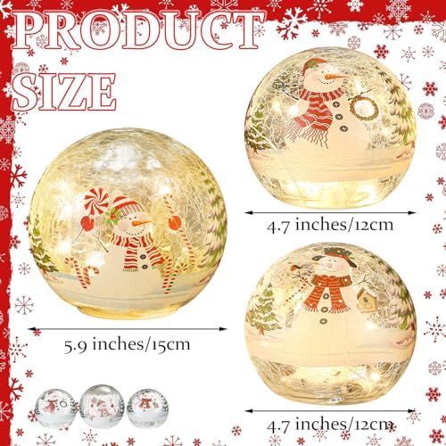 Soulchen 3 Pcs Christmas Decorations Indoor Snowman Globe Crackle Glass Ball Lamp with LED Lights Tabletop Xmas Decor Christmas Table Decorations for Home Fireplace Mantel