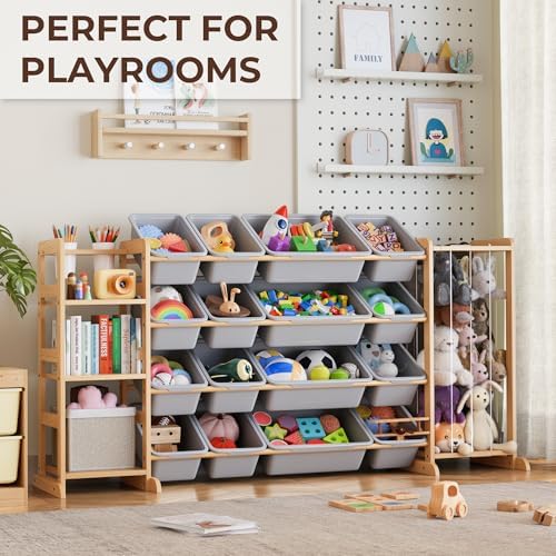 Toy Storage Organizer with Bookshelf and Stuffed Animal Storage - Kids Playroom Organization with 3 Shelves and 16 Toy Bins - Toddler Living Room Toy Box for Lego - Nursery Bedroom Decor Essential