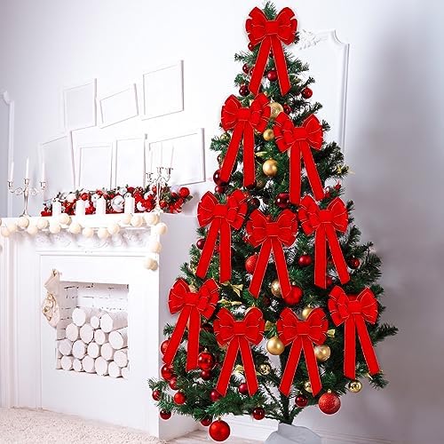 Lenwen 12 Pcs Large Christmas Velvet Bows Xmas Tree Topper,Red