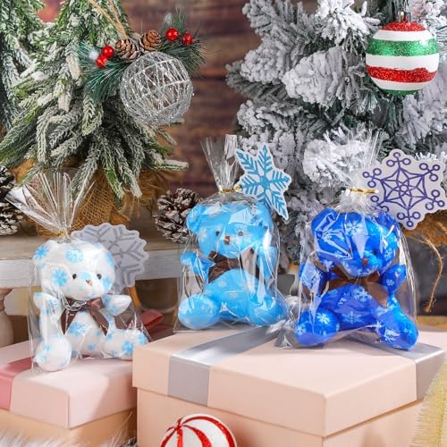 Poen 27 Pack Winter Party Favors Snowflake Mini Plush Bears with Cards Set Small Stuffed Animal Classroom Gifts for Holiday School Students Kids Exchange Prize Reward Gifts Toy