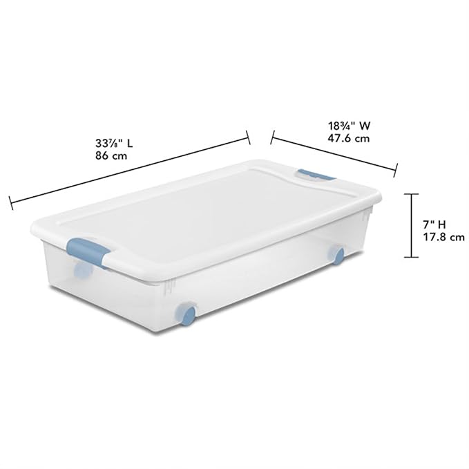 Sterilite 8-Pack Wheeled Latching Box, Plastic Under Bed Storage Bins with Lids, 56 Quart - Large Clear Stackable Tote Organizer Containers for Closet, Bedroom, Bathroom, and Office Organization