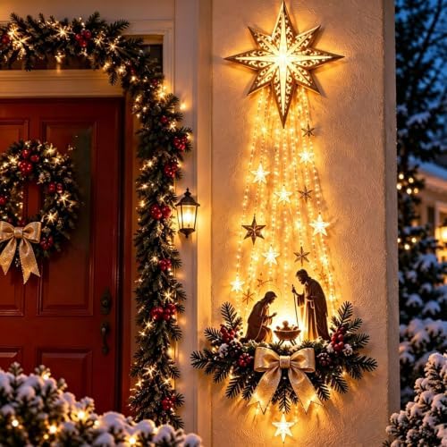 Lighted Nativity Bethlehem Star Wall Decor with Warm LED Lights, Gold-1pcs