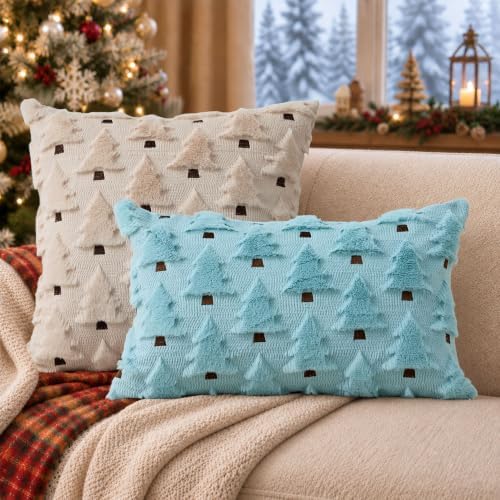 Allorry Christmas Pillow Covers 16x16 inch Set of 2 Christmas Decorations Soft Plush Faux Fur Wool Beige Christmas Tree Throw Pillow Cases Winter Holiday Decor for Sofa Living Room PT-002C16