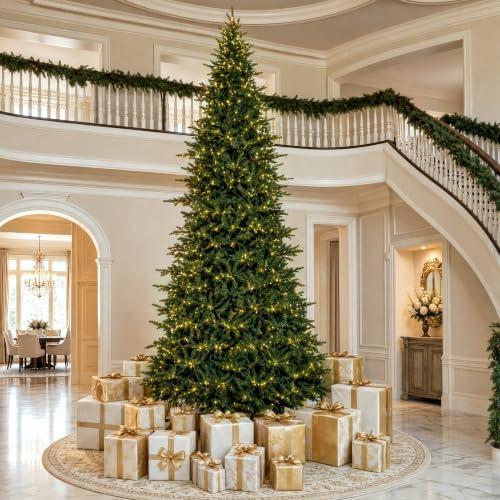 Glitzhome 15ft Prelit Artificial Christmas Tree, Vibrant Evergreen Fir with 5,000 Warm White/Multi-Color Chasing and Twinkling Lights, 13,459 PE&PVC Branch Tips, 9 Function w/Foot Pedal, Simple Setup