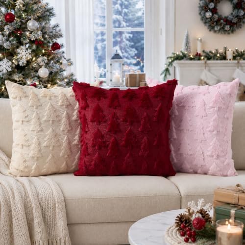 DFXSZ Christmas Tree Pillow Covers 18x18 Set of 2 Christmas Decor Wine Red