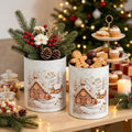 Christmas Canister Set of 2, Embossed Gingerbread House Metal Storage Jars with Wooden Lids, Winter Snow Village Decorative Cookie Tins for Candy Treats, Farmhouse Xmas Kitchen Countertop Home Decor