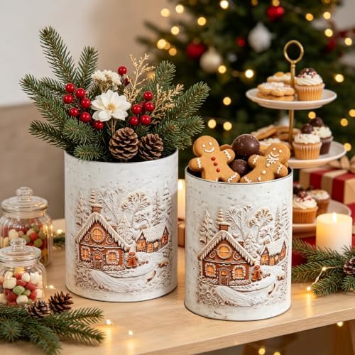 Christmas Canister Set of 2, Embossed Gingerbread House Metal Storage Jars with Wooden Lids, Winter Snow Village Decorative Cookie Tins for Candy Treats, Farmhouse Xmas Kitchen Countertop Home Decor