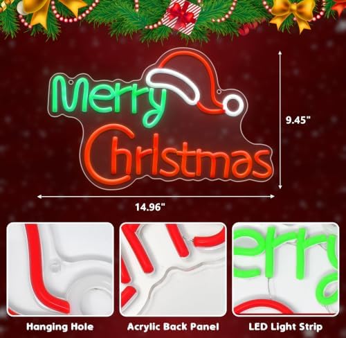 Merry Christmas LED Neon Sign USB Powered Wall Light with Santa Hat
