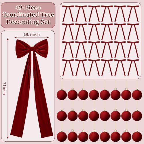 Knitgrip 49 Pcs Burgundy Christmas Tree Decoration Set with Velvet Bow Ball