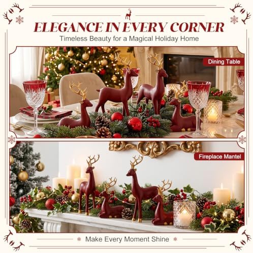 Thyle 4 Pcs Christmas Reindeer Decor Indoor Claret Resin Deer Figurine