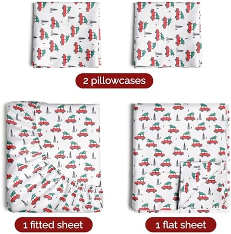 Christmas Sheet Set, Christmas Cars, Holiday Xmas Bedding Set - Full Size