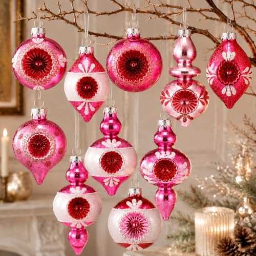 Soulchen 10 Pcs Vintage Glass Christmas Ornaments, Assorted, Pink