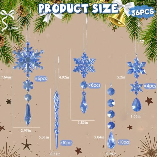 36pcs Crystal Christmas Ornaments for Tree Decorations, Royal Blue Hanging Acrylic Snowflake Icicle Star Ornaments with Drop Pendants for Winter Wonderland Chandelier Crystals Decorations Supplies