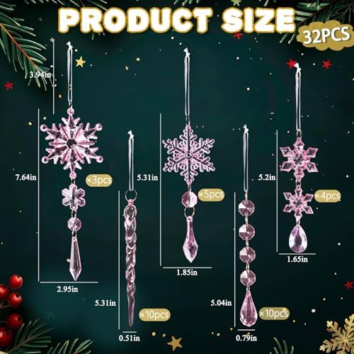 Crystal Christmas Tree Ornaments, Pink Acrylic Snowflake & Icicle, 32pcs
