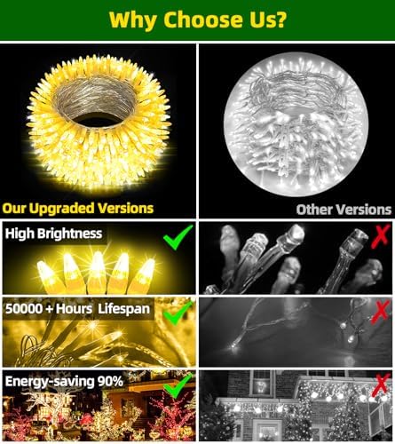 QUHUATU 300 LED 75FT Christmas String Lights Outdoor, 12 Modes, Warm White