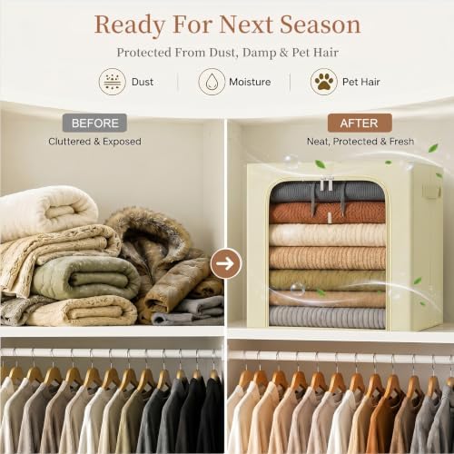 GoMaihe Blanket Storage Bins with Metal Frame for Closet, 55L 6-Pack Beige