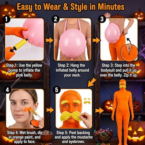 Orange Jumpsuit Halloween Costume with Inflatable Belly Yellow Mustache Eyebrows & Face Paint Cosplay Party Outfit
