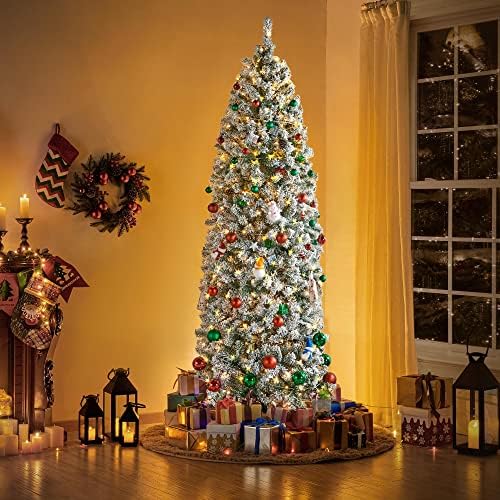 Yaheetech 7.5ft Pre-lit Snow Flocked Pencil Christmas Tree, Green & White