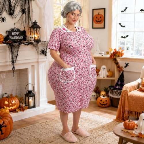7 Pcs Halloween Fat Old Lady Costume Set, Grandma Dress Fat Suits