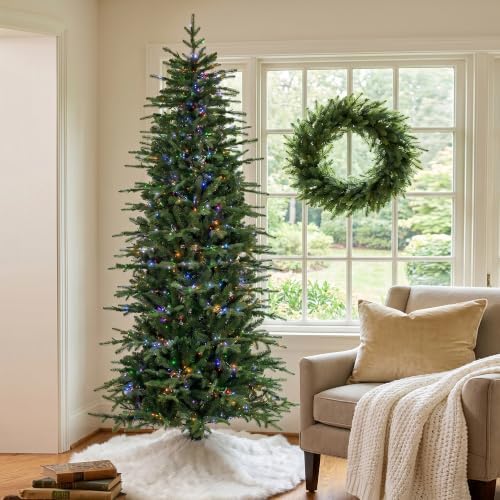 Glitzhome Prelit Christmas Tree, 7.5ft Artificial Christmas Tree with 1,400 Warm White & Multi-Color Chasing and Twinkling Lights, 9 Light Modes, Easy Setup, Radiant Slim Evergreen for Holiday Décor