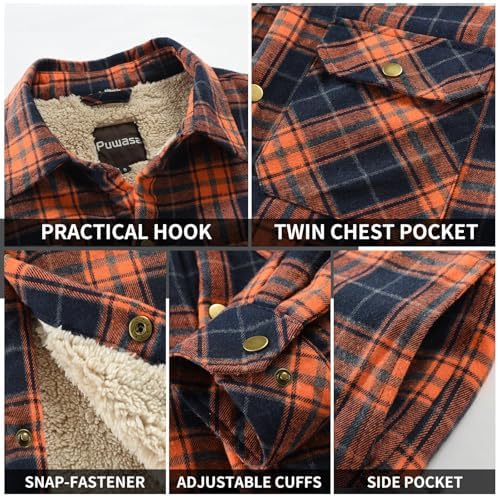 Men's Sherpa Cotton Flannel Shirt Jacket Plaid Button Coat Pocket