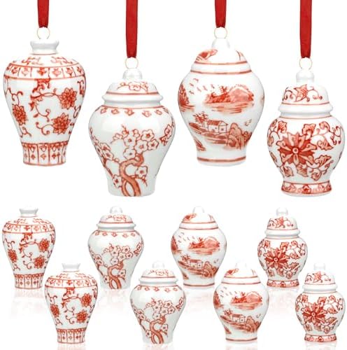 Peryiter 12 Pcs Red Ginger Jar Christmas Ornaments, Mini Hanging Decor