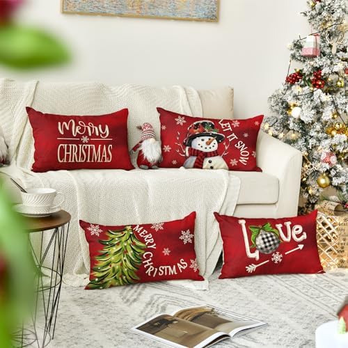 AVOIN colorlife Merry Christmas Tree Red Throw Pillow Covers, 12 x 20 Inch Xmas Tree Holiday Cushion Case Decoration for Sofa Couch Set of 4