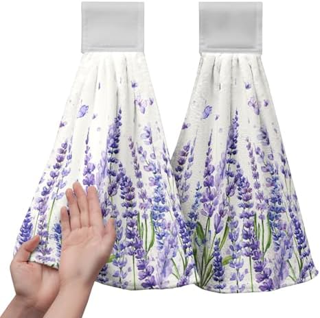 Lavender Kitchen Hanging Towels Set of 2 Purple Floral Hand Towel with Loop Spring Summer Flower Dish Cloth Dry Towel Soft Absorbent Fingertip Bath Tie Towel for Bathroom Farmhouse Decor