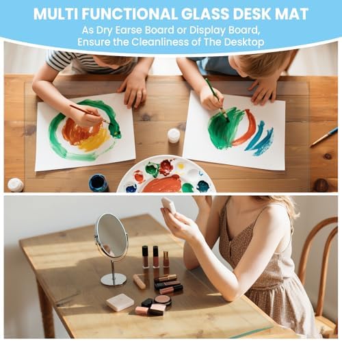 Tempered Glass Desk Pad to Protect Desk, 18" x 24" Clear Office Desk Pad for Keyboard and Computer Monitor, Glass Desk Mat for Desktop Dry Erase
