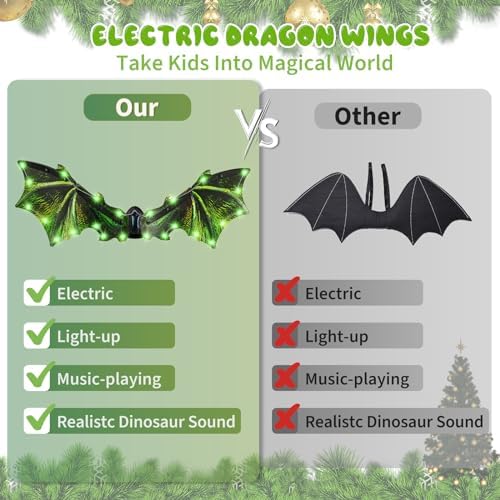 maysida Electric Dragon Wings, Kids Dinosaur Costume Wings with LED Light & Music, Halloween Dino Dress-Up Costumes for Boys & Girls, Green Dinosaur toys for Kids as Christmas Birthday Party Gifts
