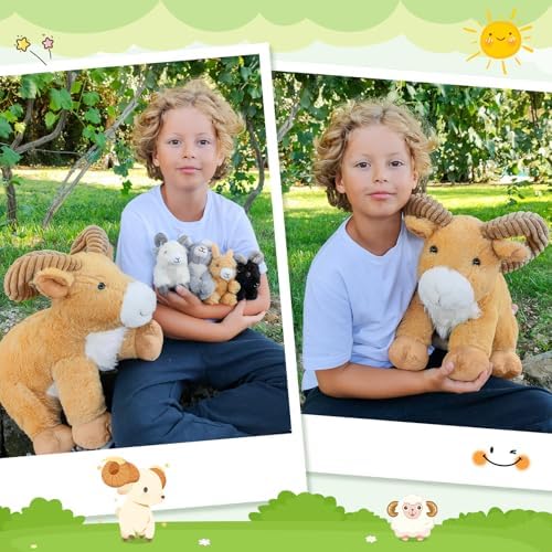 MorisMos Goat Stuffed Animal, 15" Mama Goat Plush with 4 Baby Goats