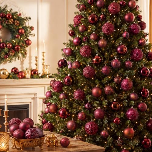 100 Pcs Burgundy Christmas Ball Ornaments for Tree, 6 Styles in 4 Sizes
